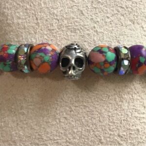 Multicolor Beaded Skull Stretch Bracelet Gothic Boho One Size